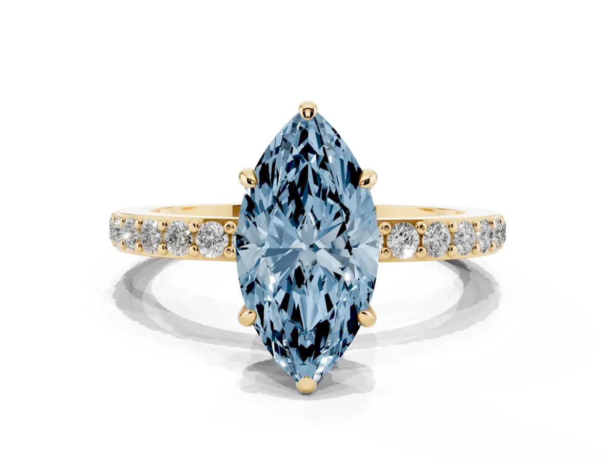 Fancy Blue Marquise Cut Diamond Pavé Engagement Ring with Round Accents and Prong Setting Yellow gold