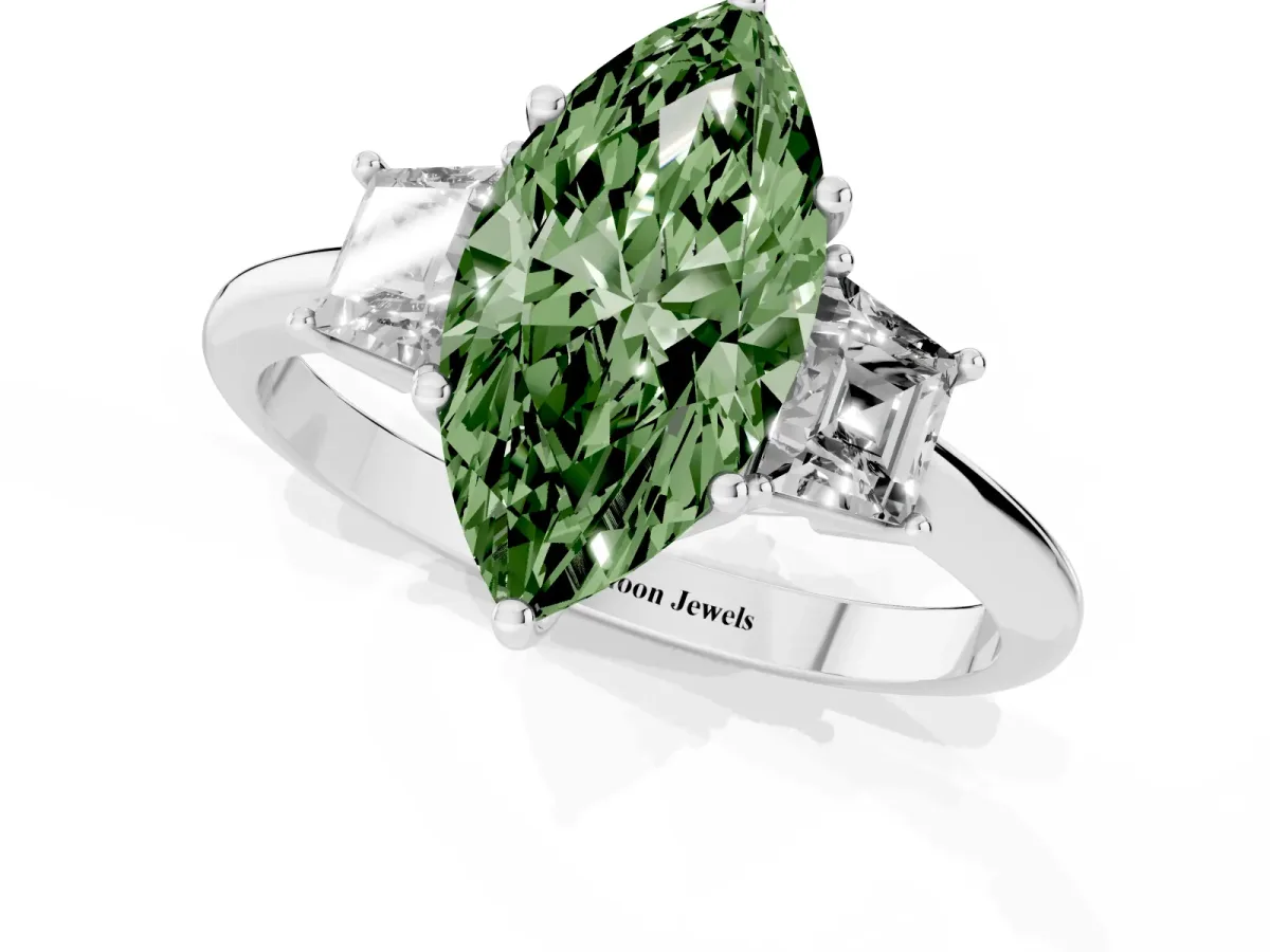 Fancy Green Marquise Cut Diamond Three-Stone Ring with Trapezoid Side Stones and Prong Setting Silver