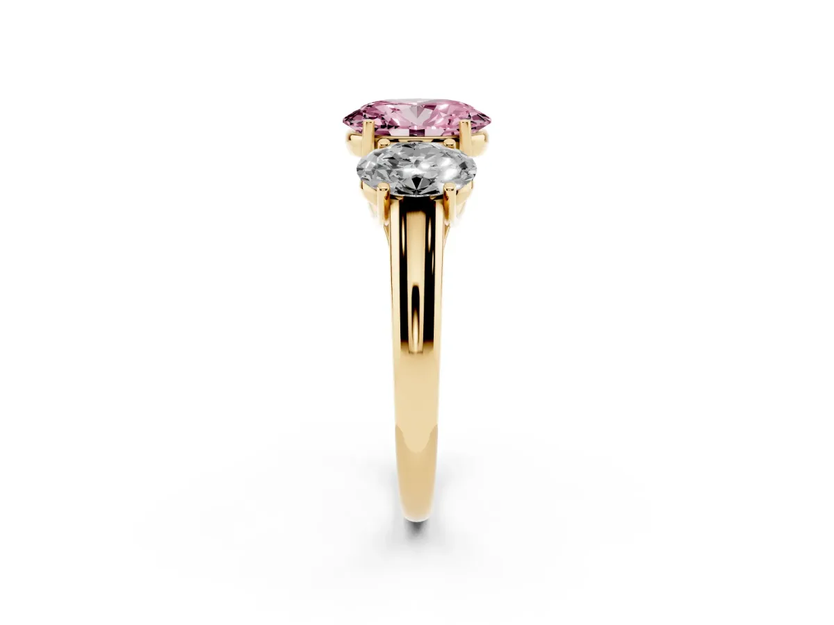 Fancy Pink Three-Stone Oval Cut Diamond Engagement Ring with Prong Setting Yellow gold