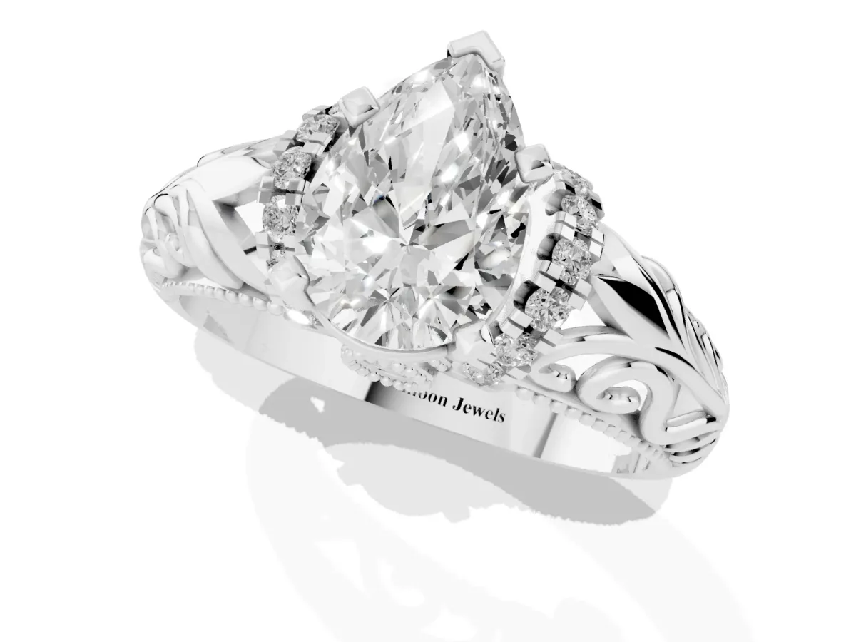 Pear Cut Solitaire Filigree Engagement Ring with Halo and Prong Setting Silver