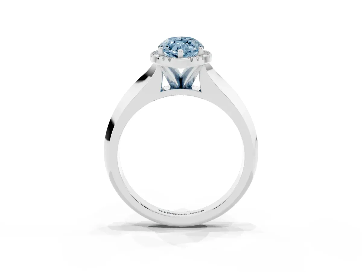 Fancy Blue Marquise Cut Halo Diamond Ring with Cathedral Band and Four-Prong Setting White gold