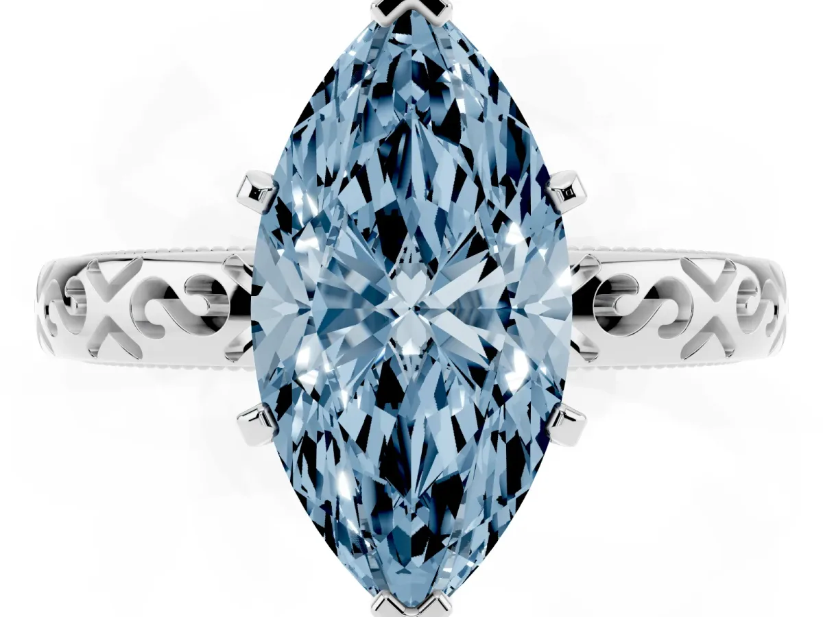 Fancy Blue Marquise Cut Solitaire Engagement Ring with Scrollwork Band and Four-Prong Setting Silver