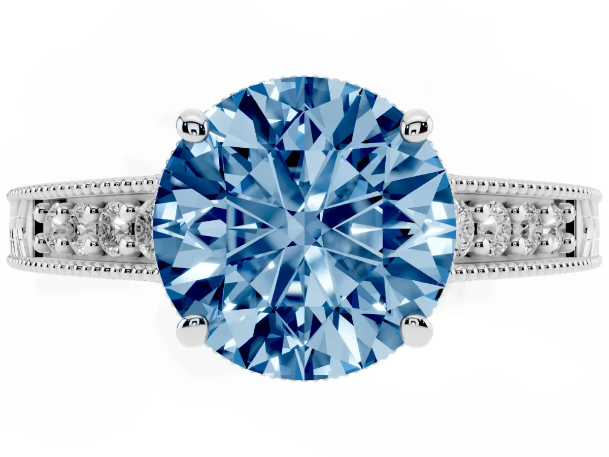 Fancy Blue Round Cut Solitaire Pavé Diamond Milgrain Engagement Ring with Four-Prong Setting Silver