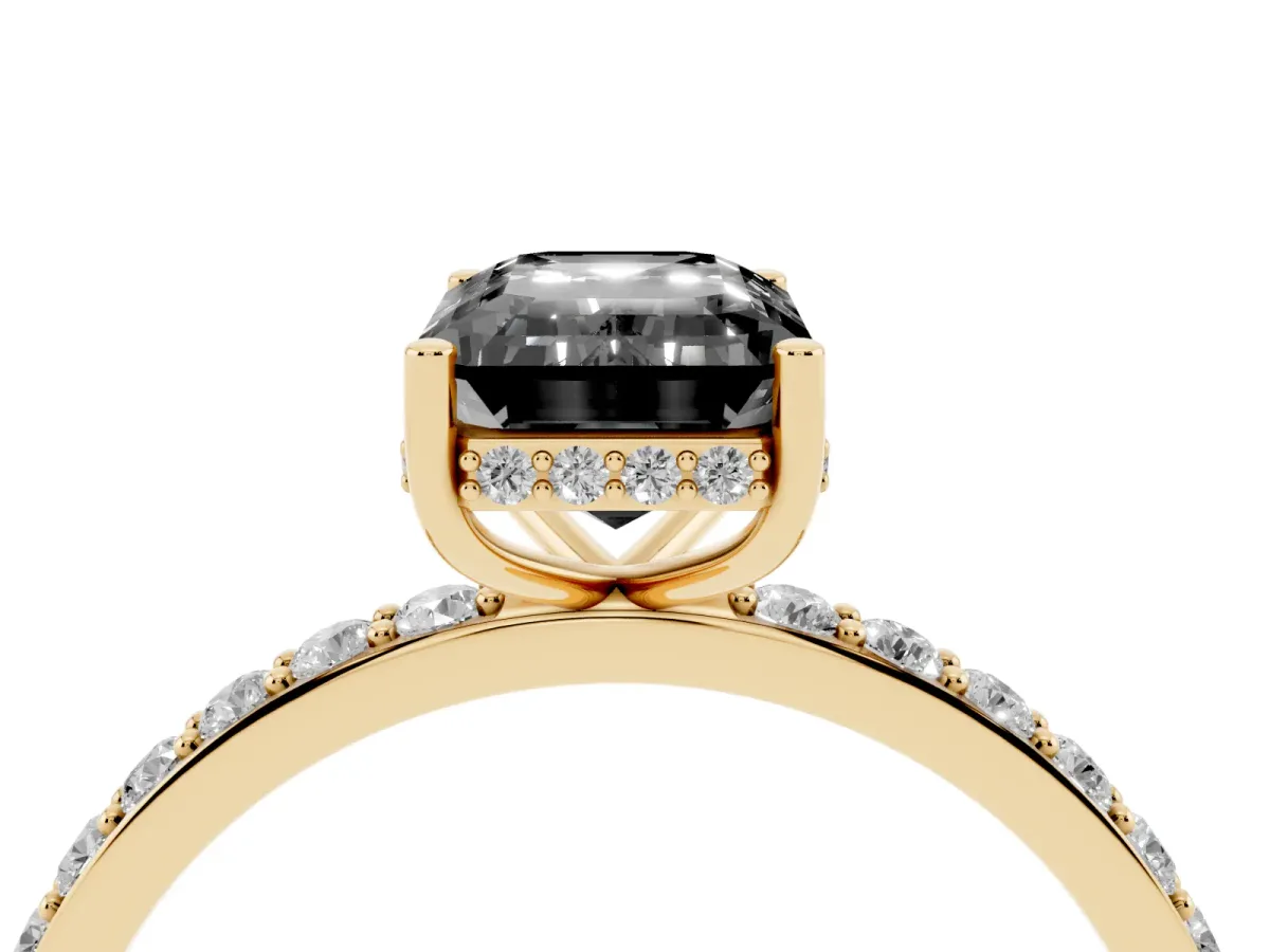 Fancy Black Emerald Cut Diamond Solitaire Ring with Pavé Band and Hidden Halo Yellow gold