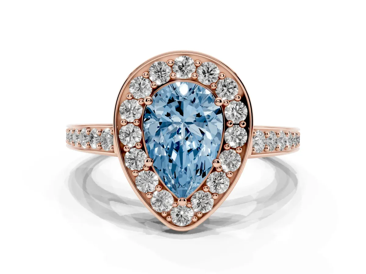 Fancy Blue Pear Cut Halo Pavé Diamond Engagement Ring with Bezel Setting Rose gold