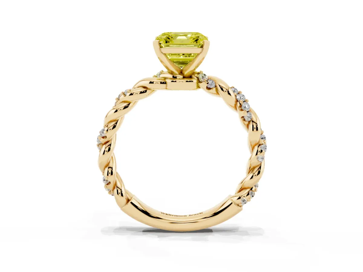 Fancy Yellow Asscher Cut Diamond Solitaire Ring with Twisted Band and Pavé Accents Yellow gold