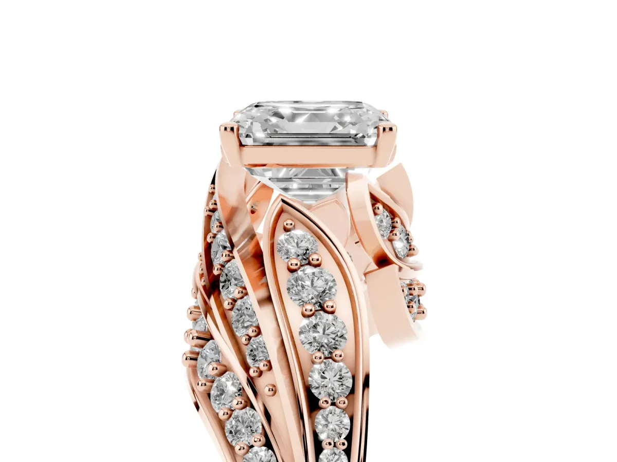 Asscher Cut Diamond Solitaire Ring with Prong Setting and Twisted Pavé Band Rose gold