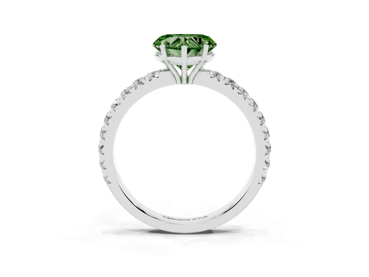 Fancy Green Heart Cut Diamond Pavé Solitaire Engagement Ring with Four-Prong Setting Silver