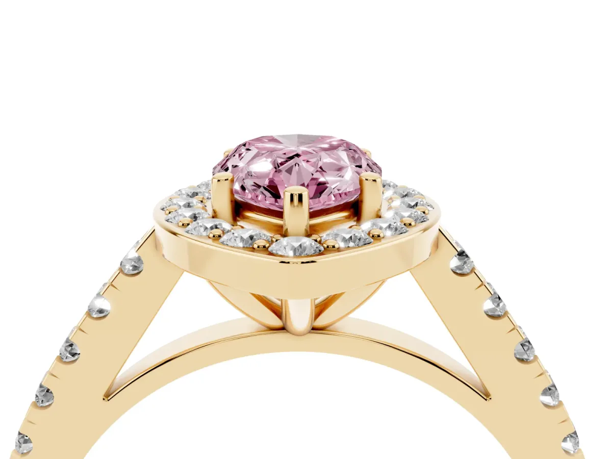 Fancy Pink Pear Cut Diamond Halo Ring with Round Pavé Split Shank and Prong Setting Yellow gold