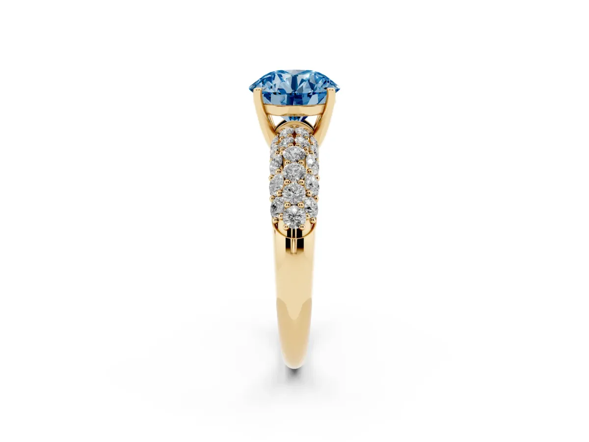 Fancy Blue Round Cut Diamond Pavé Band Solitaire Ring with Four-Prong Setting Yellow gold