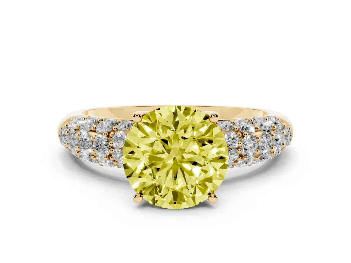 Fancy Yellow Round Cut Diamond Pavé Band Solitaire Ring with Four-Prong Setting Yellow gold