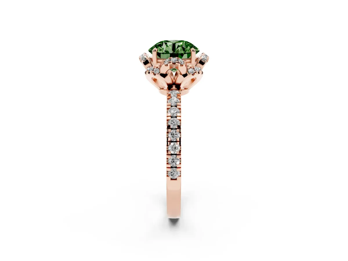 Fancy Green Round Cut Diamond Halo Pave Band with Four-Prong Setting Rose gold
