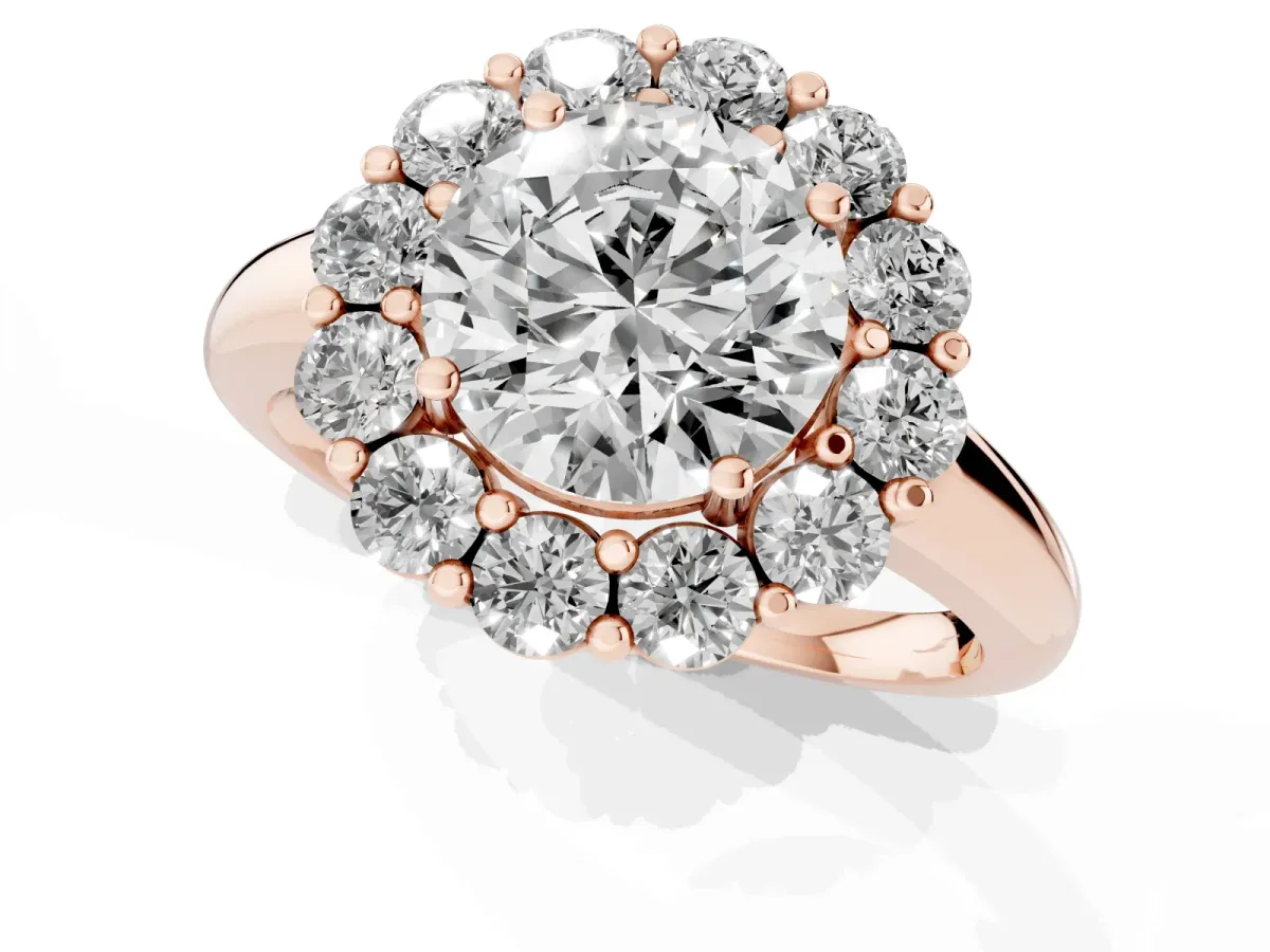 Round Cut Halo Cluster Diamond Engagement Ring with Prong Setting and Polished Band Rose gold