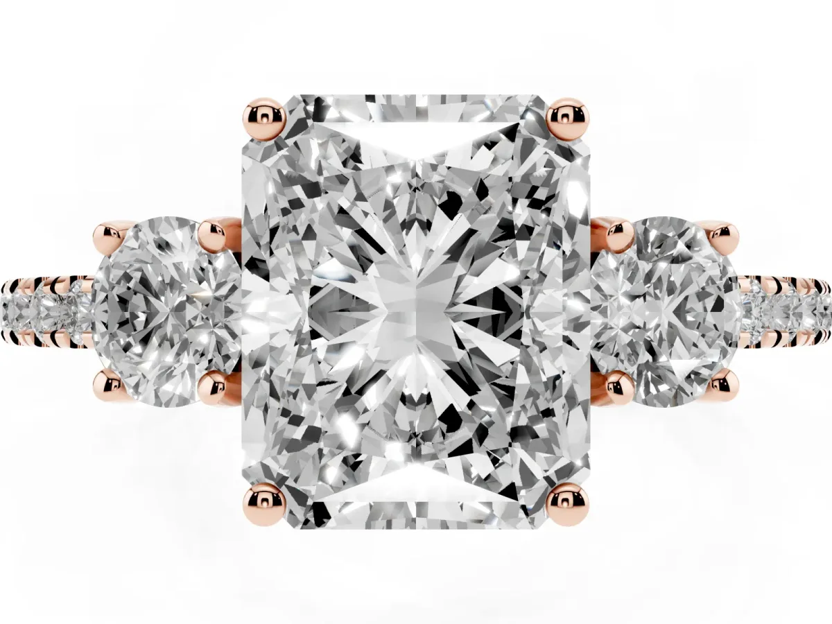 Three-Stone Radiant Cut Cut Diamond Pavé Band with Prong Setting Rose gold