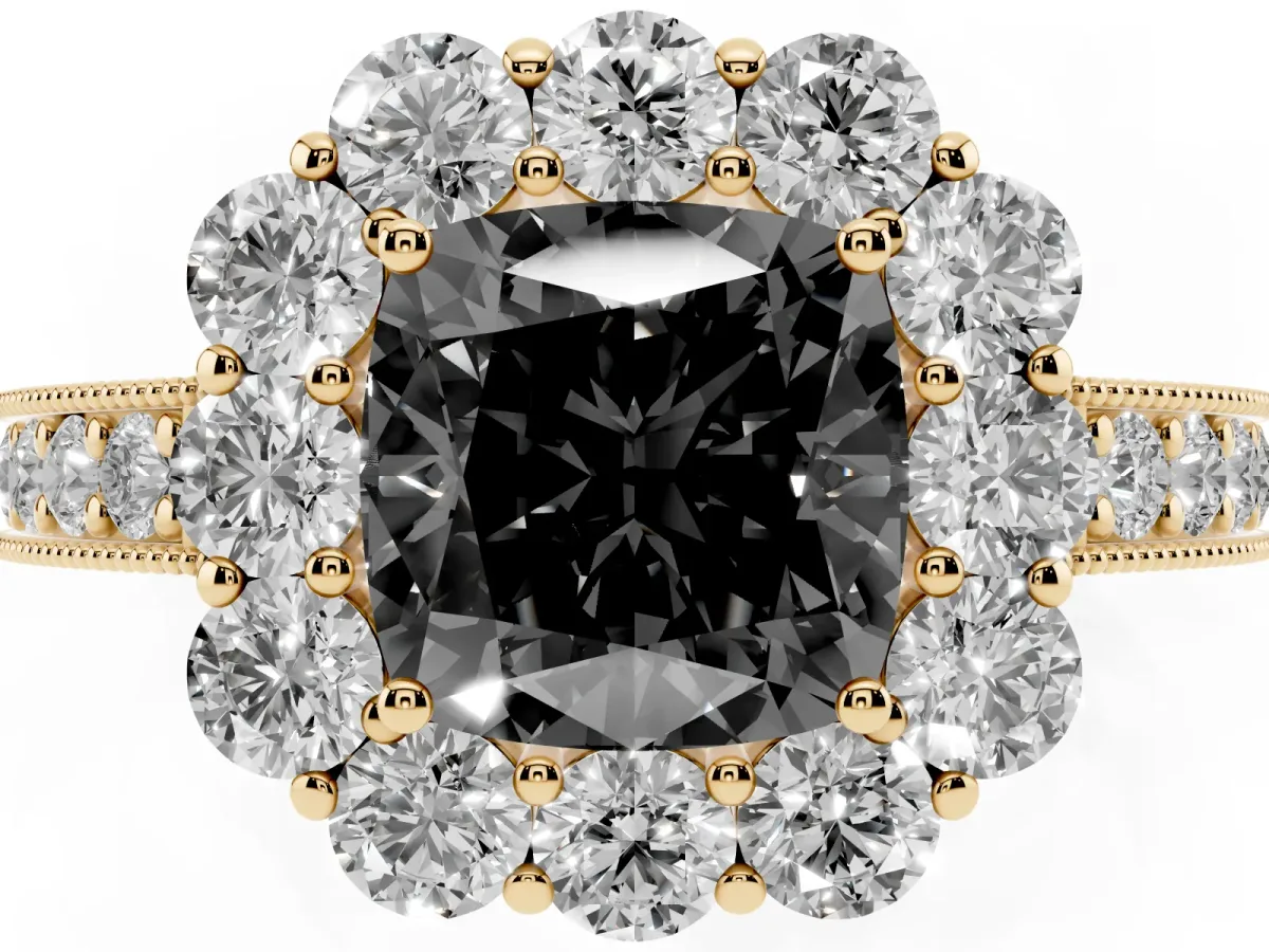 Fancy Black Cushion Cut Cut Halo Diamond Pavé Engagement Ring with Milgrain Detailing Yellow gold