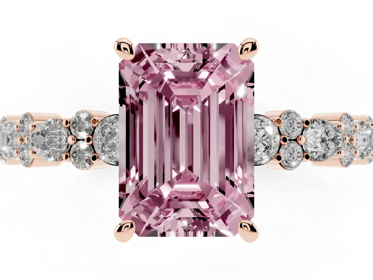 Fancy Pink Emerald Cut Diamond Side Stone Solitaire Ring with Round and Four-Prong Setting Rose gold