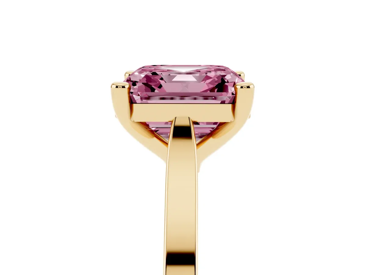 Fancy Pink Asscher Cut Solitaire Diamond Ring with Four-Prong Setting and Tapered Band Yellow gold
