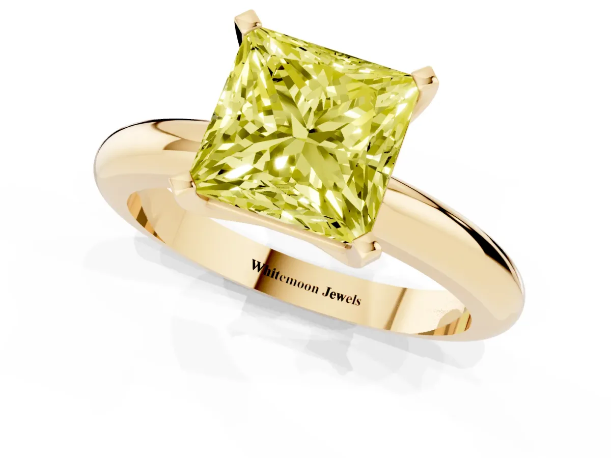 Fancy Yellow Princess Cut Diamond Solitaire Engagement Ring with Round Band and Four-Prong Setting Yellow gold