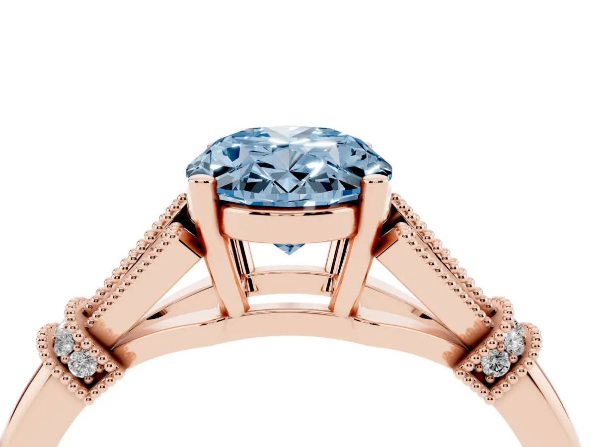 Fancy Blue Oval Cut Diamond Solitaire Ring with Floral Filigree and Pave Accents Rose gold