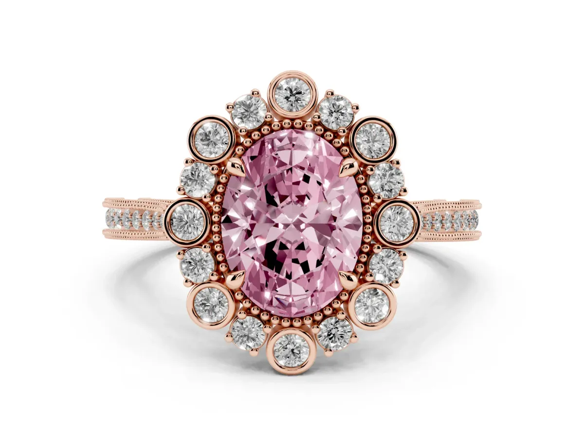 Fancy Pink Oval Cut Halo Milgrain Pave Diamond Ring with Four-Prong Setting Rose gold