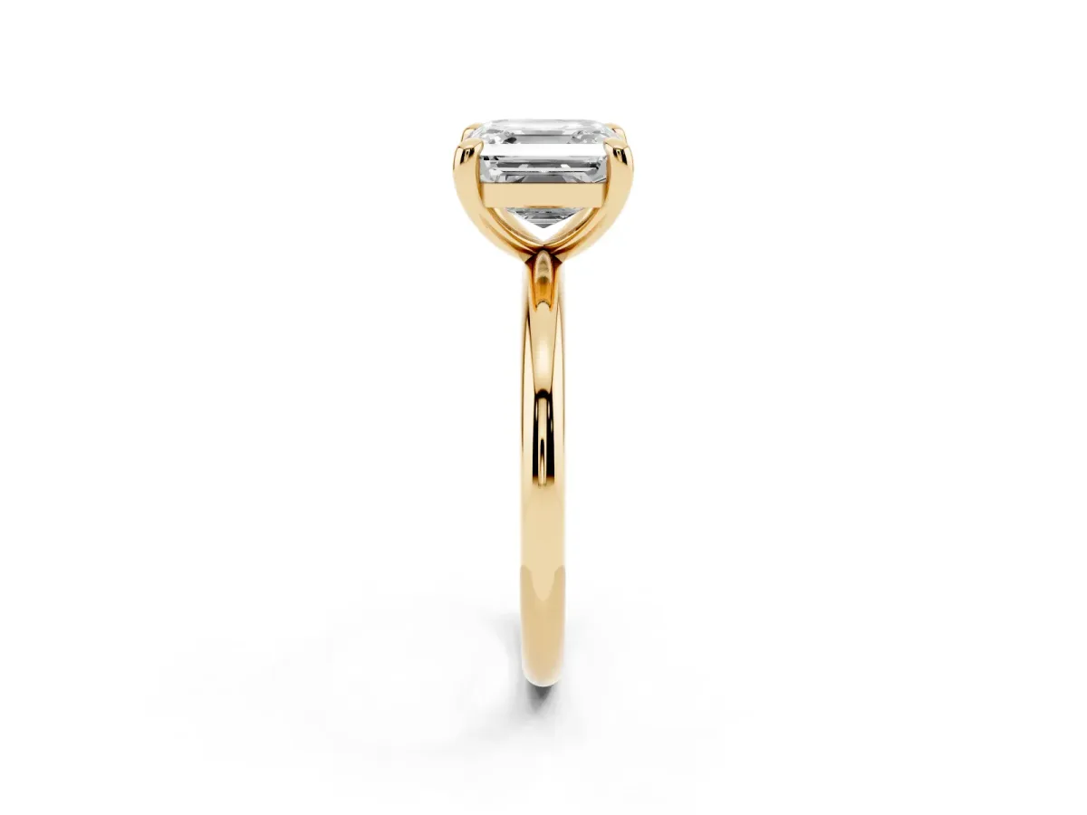 Asscher Cut Solitaire Diamond Ring with Four-Prong Setting on a Plain Band Yellow gold