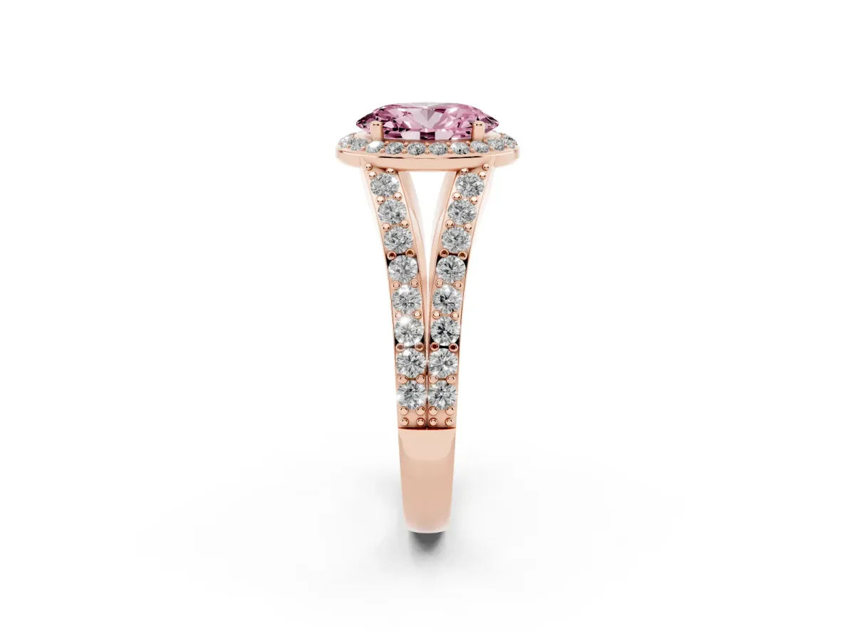 Fancy Pink Oval Cut Diamond Split Shank Halo Ring with Four-Prong Setting Rose gold