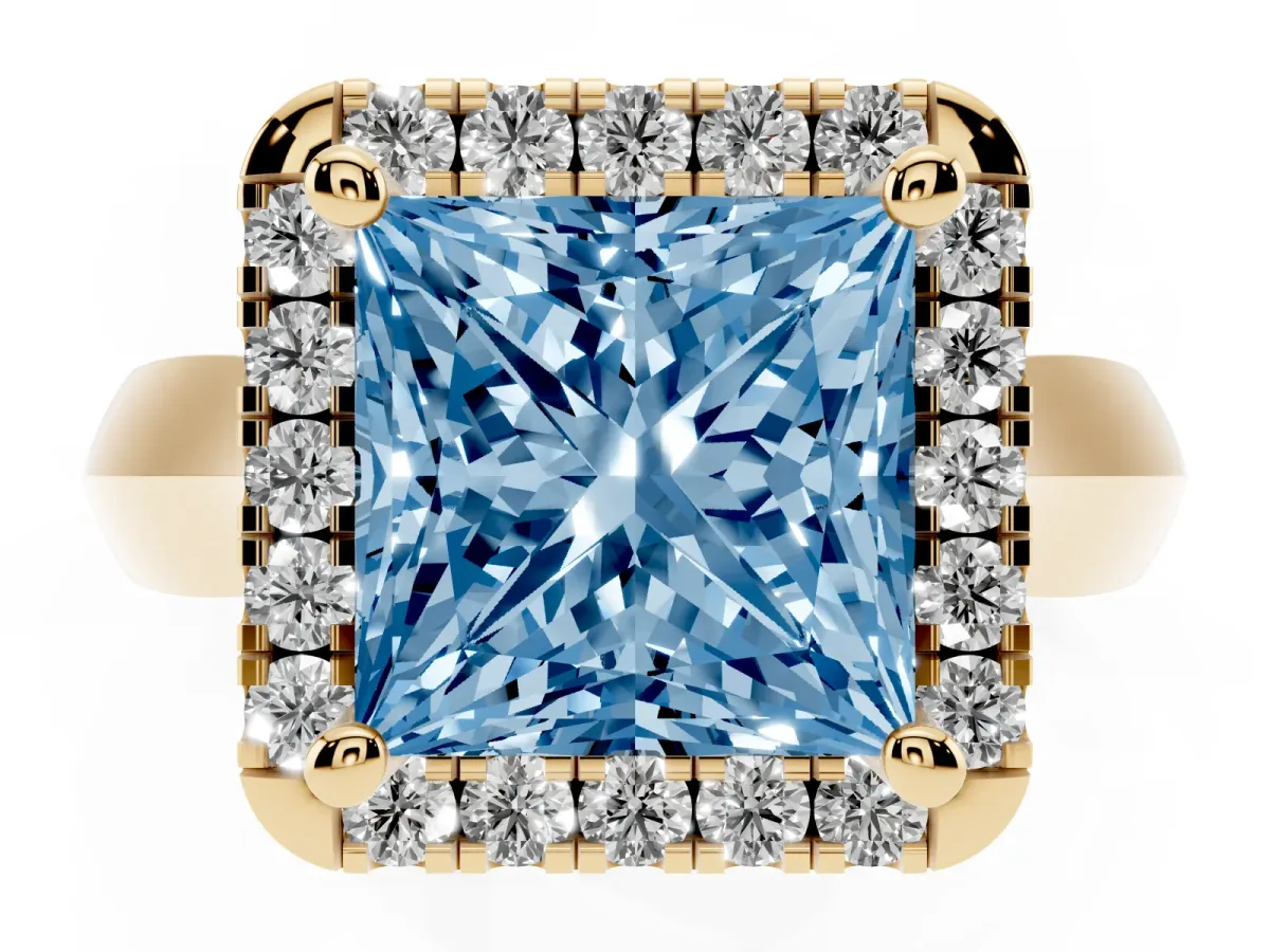 Fancy Blue Princess Cut Cut Halo Solitaire Engagement Ring with Square Band and Four-Prong Setting Yellow gold