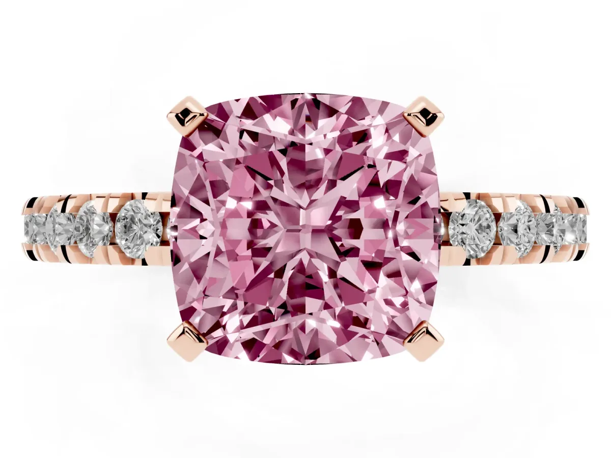 Fancy Pink Cushion Cut Diamond Pavé Band Solitaire with Four-Prong Setting Rose gold