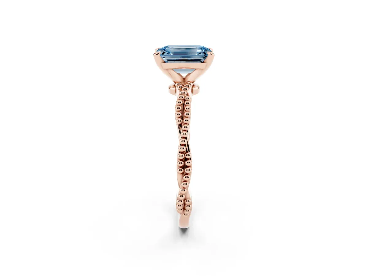 Fancy Blue Emerald Cut Solitaire Twisted Band with Bead Prong Setting Rose gold
