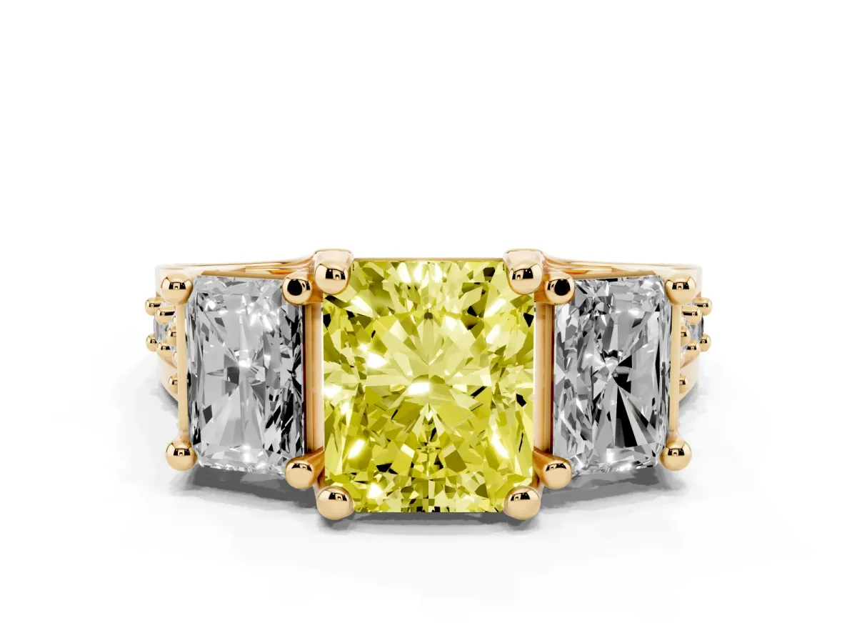 Fancy Yellow Radiant Cut Diamond Three-Stone Ring with Channel Set Band and Four-Prong Setting Yellow gold