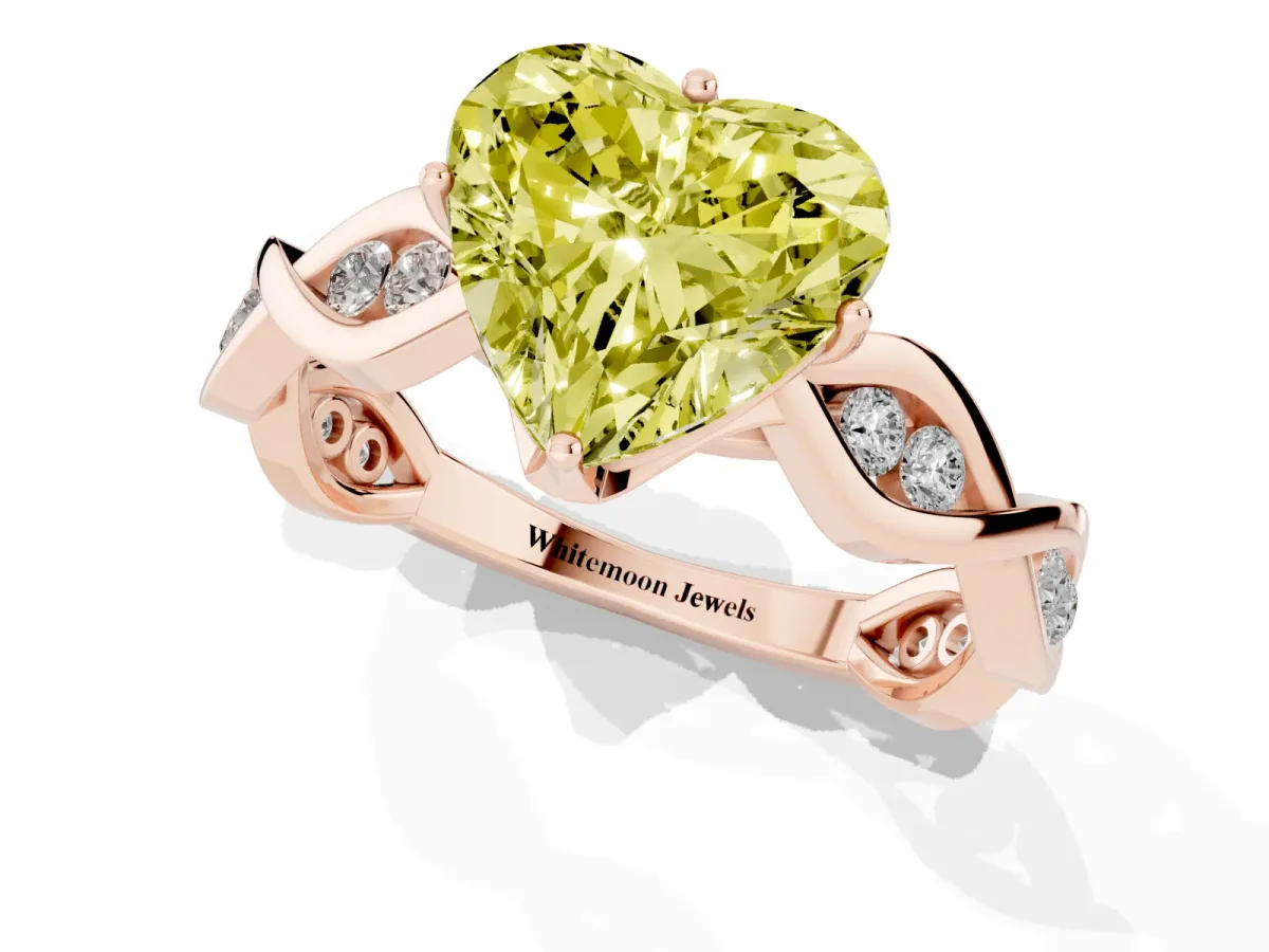 Fancy Yellow Heart Cut Solitaire Twist Band with Leaf Prong Setting Rose gold
