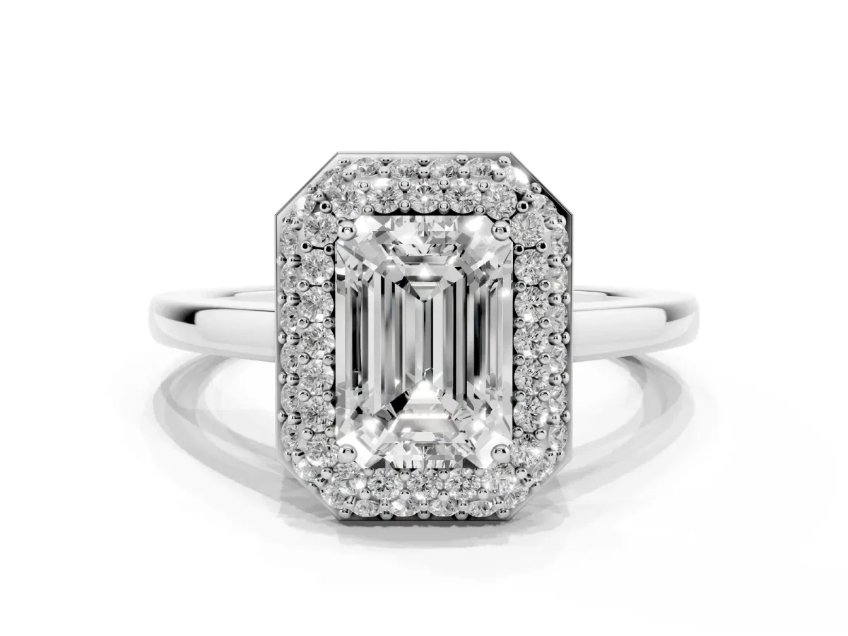 Emerald Cut Halo Diamond Engagement Ring with Solitaire Band and Four-Prong Setting Silver