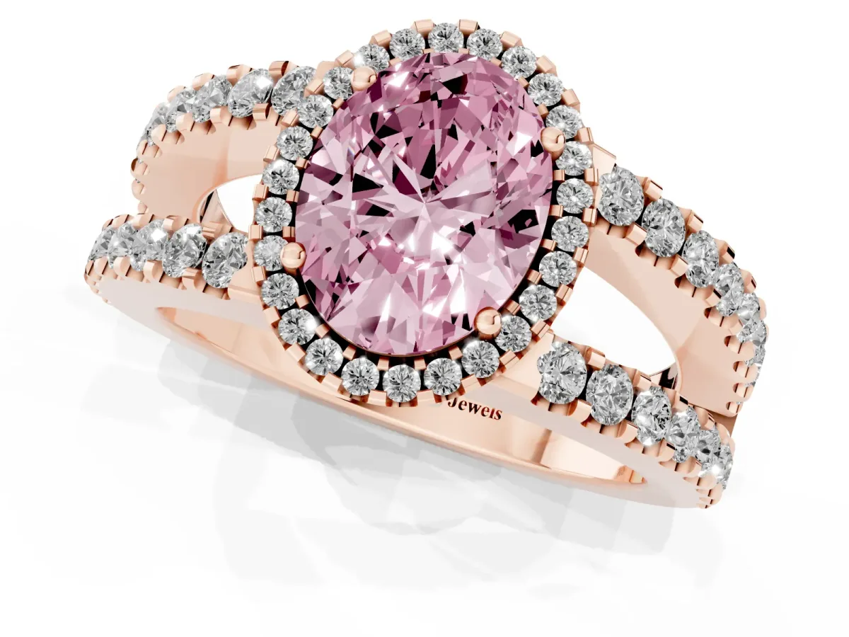 Fancy Pink Oval Cut Cut Halo Split Shank Diamond Ring with Four-Prong Setting Rose gold