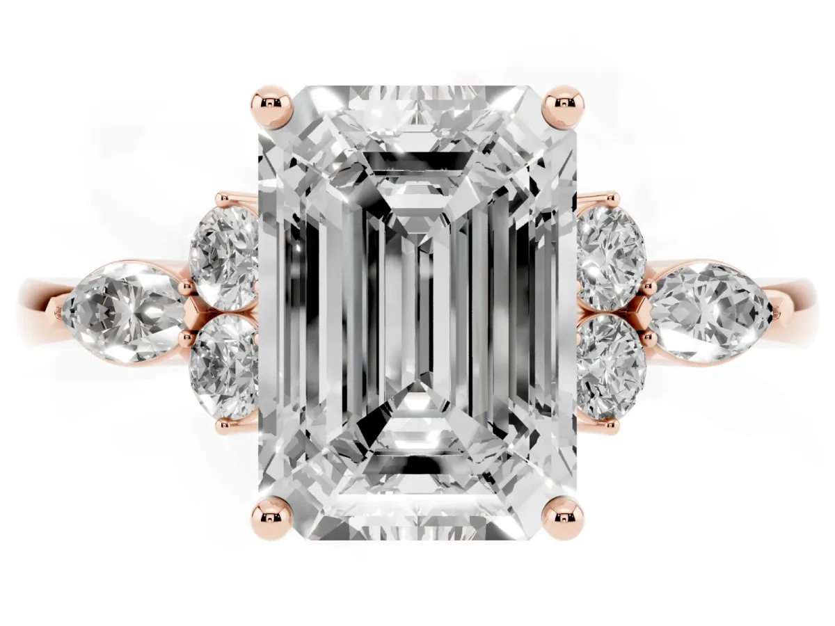 Emerald Cut Brilliant Diamond Solitaire Ring with Pear Side Stones and Four-Prong Setting Rose gold