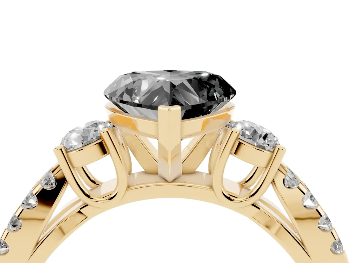 Fancy Black Heart Cut Diamond Three-Stone Ring with Pavé Split Shank and Four-Prong Setting Yellow gold