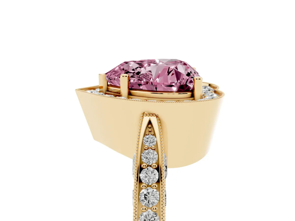 Fancy Pink Heart Cut Halo Diamond Engagement Ring with Split Shank Band and Four-Prong Setting Yellow gold