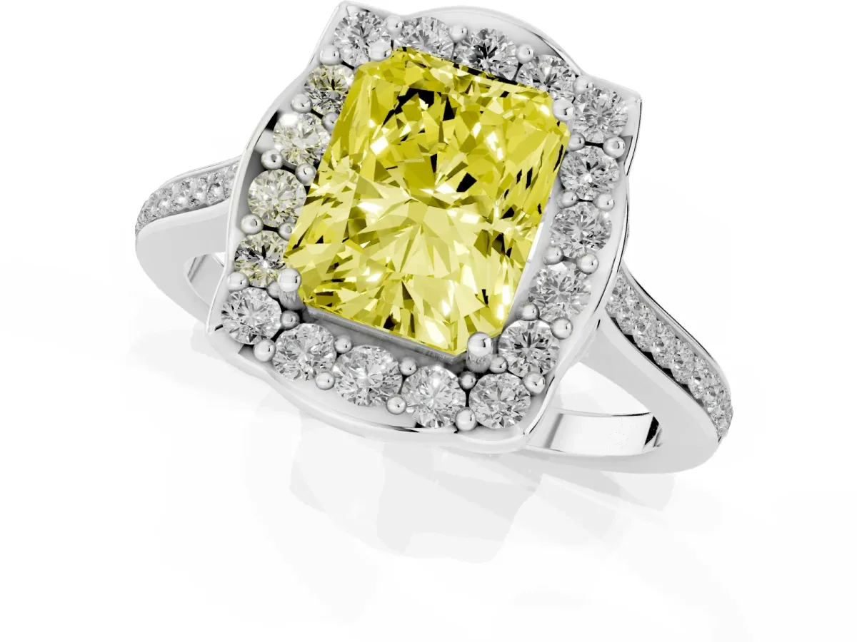 Fancy Yellow Radiant Cut Halo Round Diamond Pave Band with Four-Prong Setting Platinum