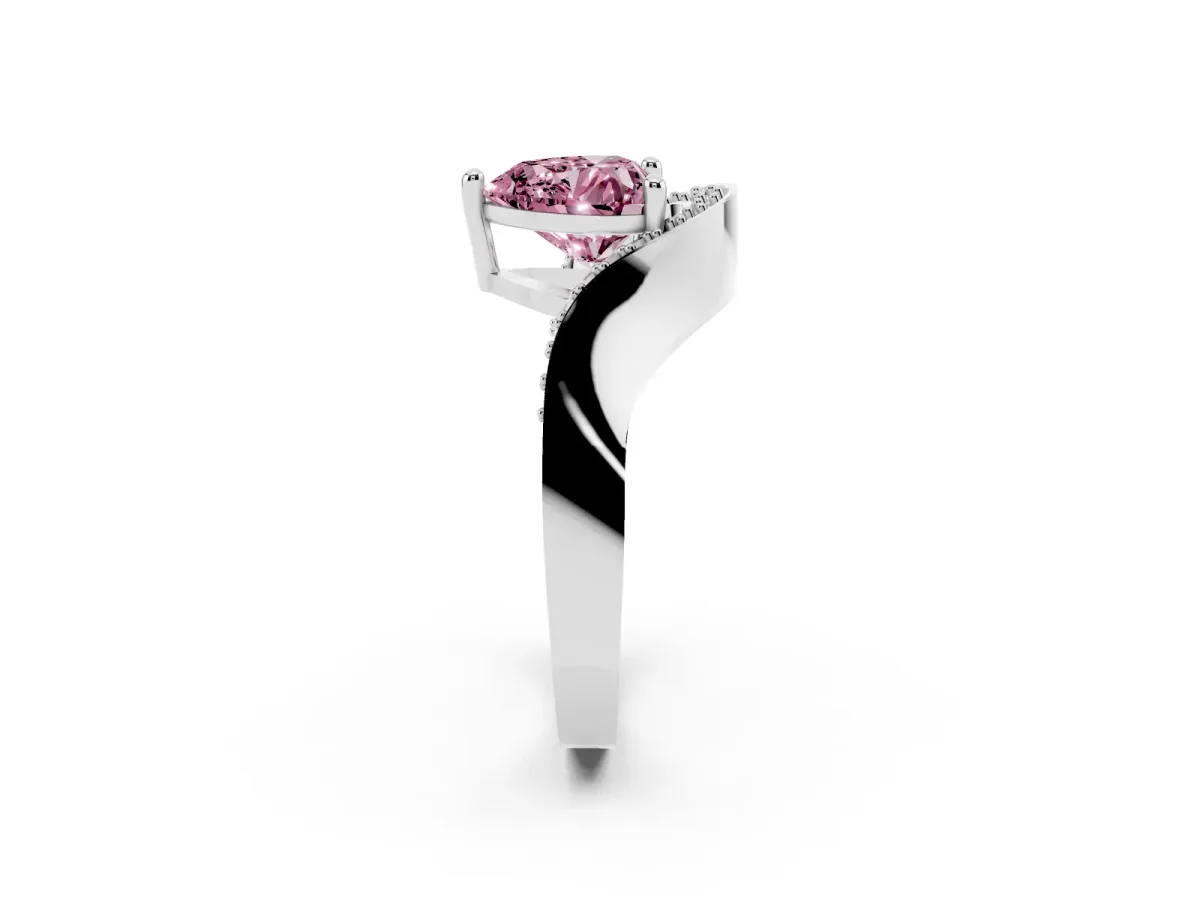 Fancy Pink Heart Cut Solitaire Diamond Engagement Ring with Pave Band and Four-Prong Setting Platinum