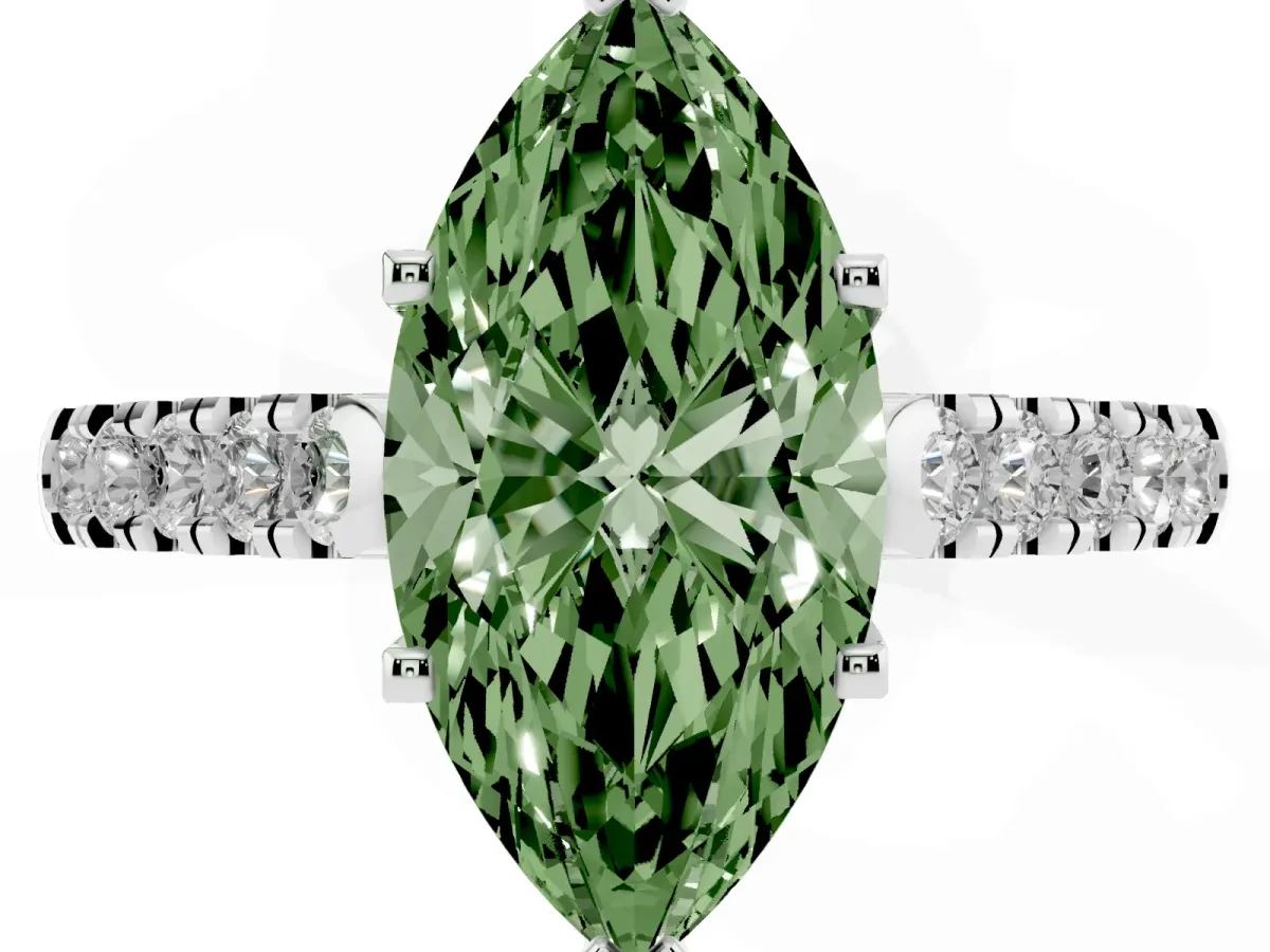 Fancy Green Marquise Cut Diamond Pavé Band Solitaire Ring with Prong Setting Silver