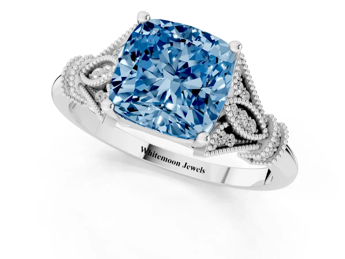 Fancy Blue Cushion Cut Diamond Solitaire Ring with Floral Filigree and Pave Accents White gold