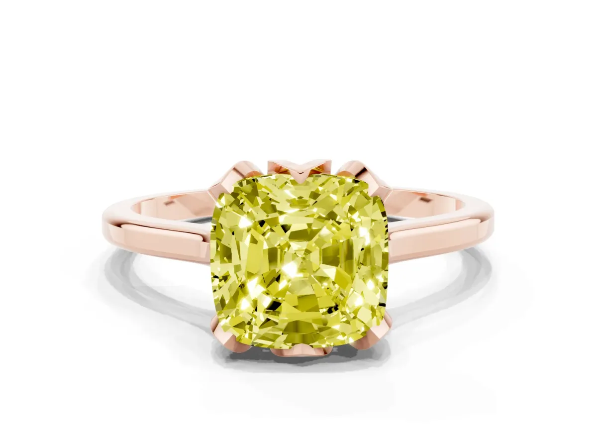 Fancy Yellow Cushion Cut Diamond Solitaire Ring with Flower Prong Setting and Classic Band Rose gold