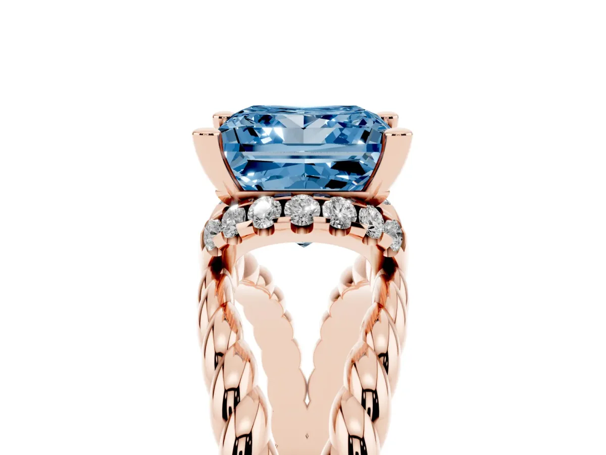 Fancy Blue Princess Cut Halo Twisted Band Four-Prong Ring Rose gold