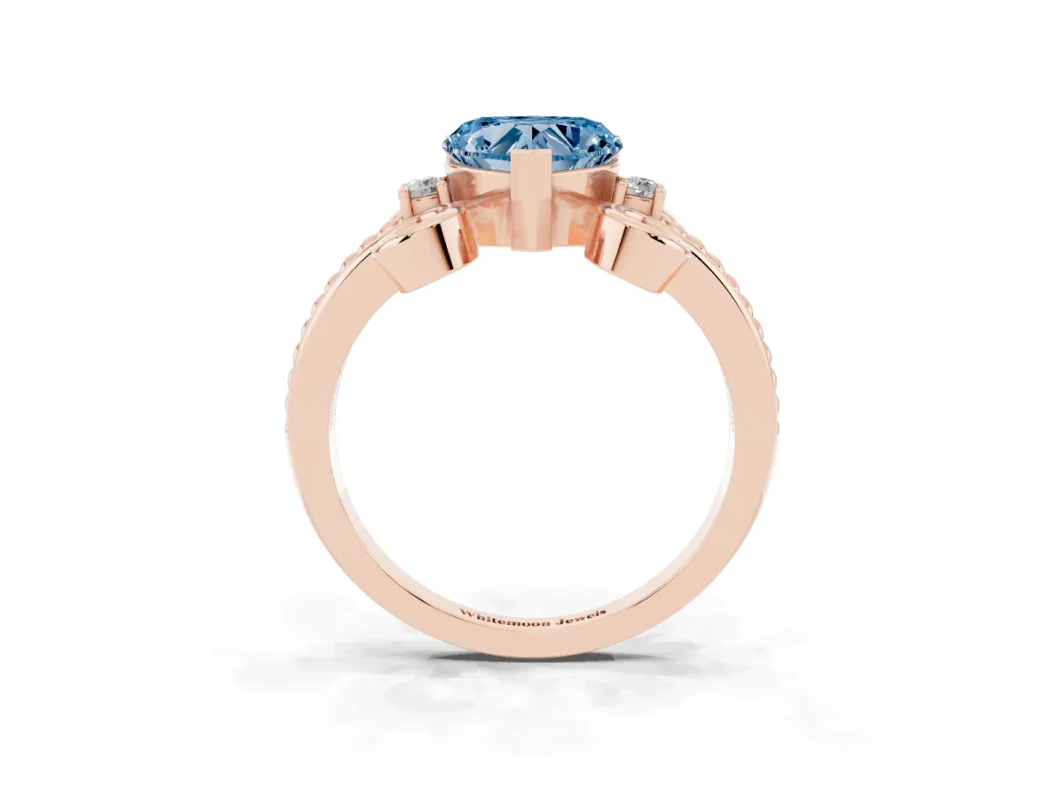 Fancy Blue Heart Cut Solitaire Twisted Band Scroll Prong Ring Rose gold