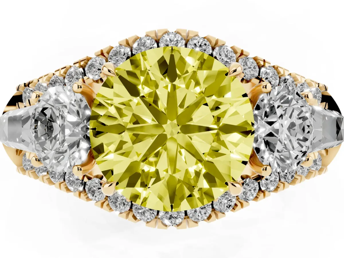 Fancy Yellow Three-Stone Round Cut Diamond Engagement Ring with Pave Band and Prong Setting Yellow gold