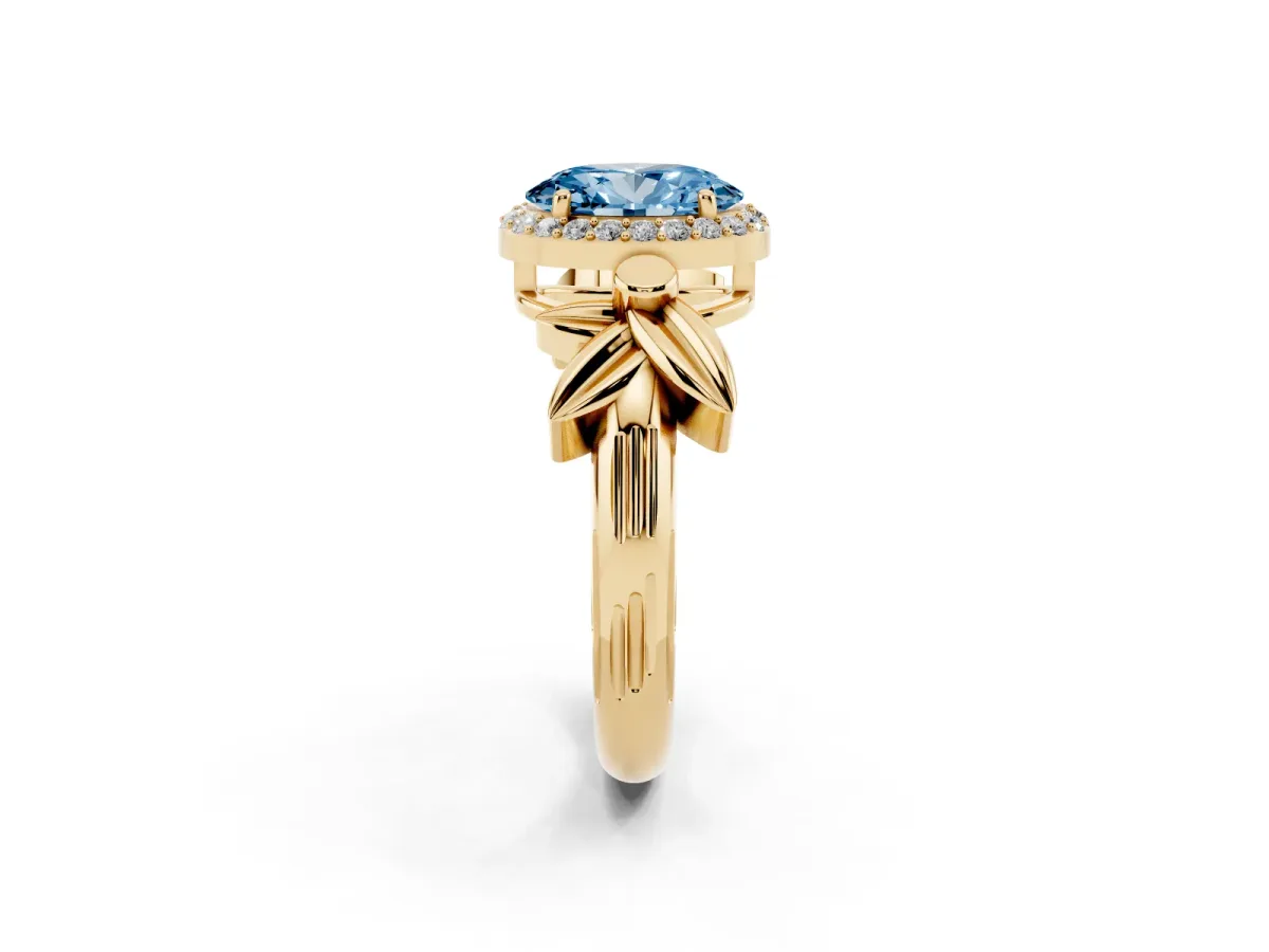 Fancy Blue Oval Cut Halo Diamond Floral Band with Four-Prong Setting Yellow gold