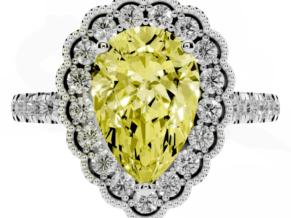 Fancy Yellow Pear Cut Cut Diamond Milgrain Floral Halo Engagement Ring with Pavé Band White gold