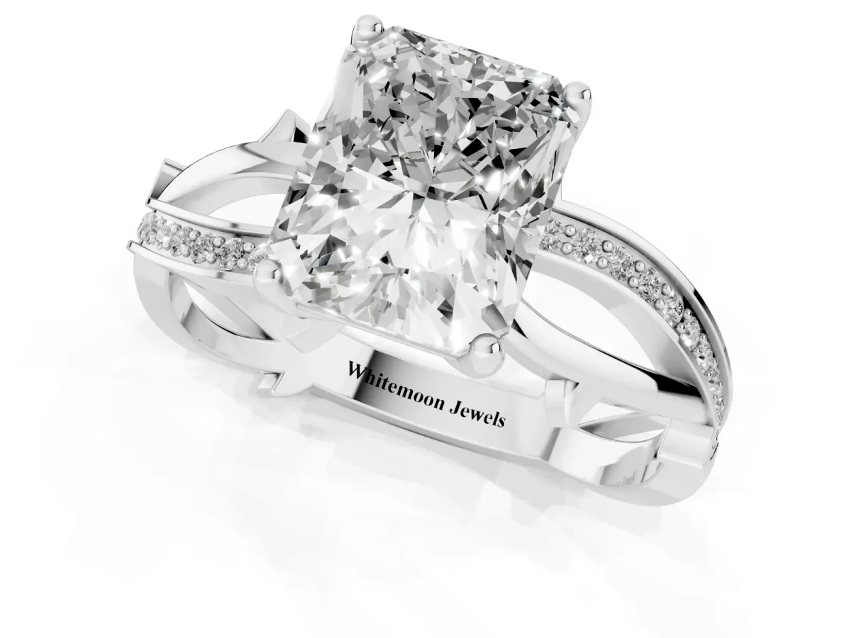 Radiant Cut Solitaire Twist Band with Pavé Accents and Four-Prong Setting White gold