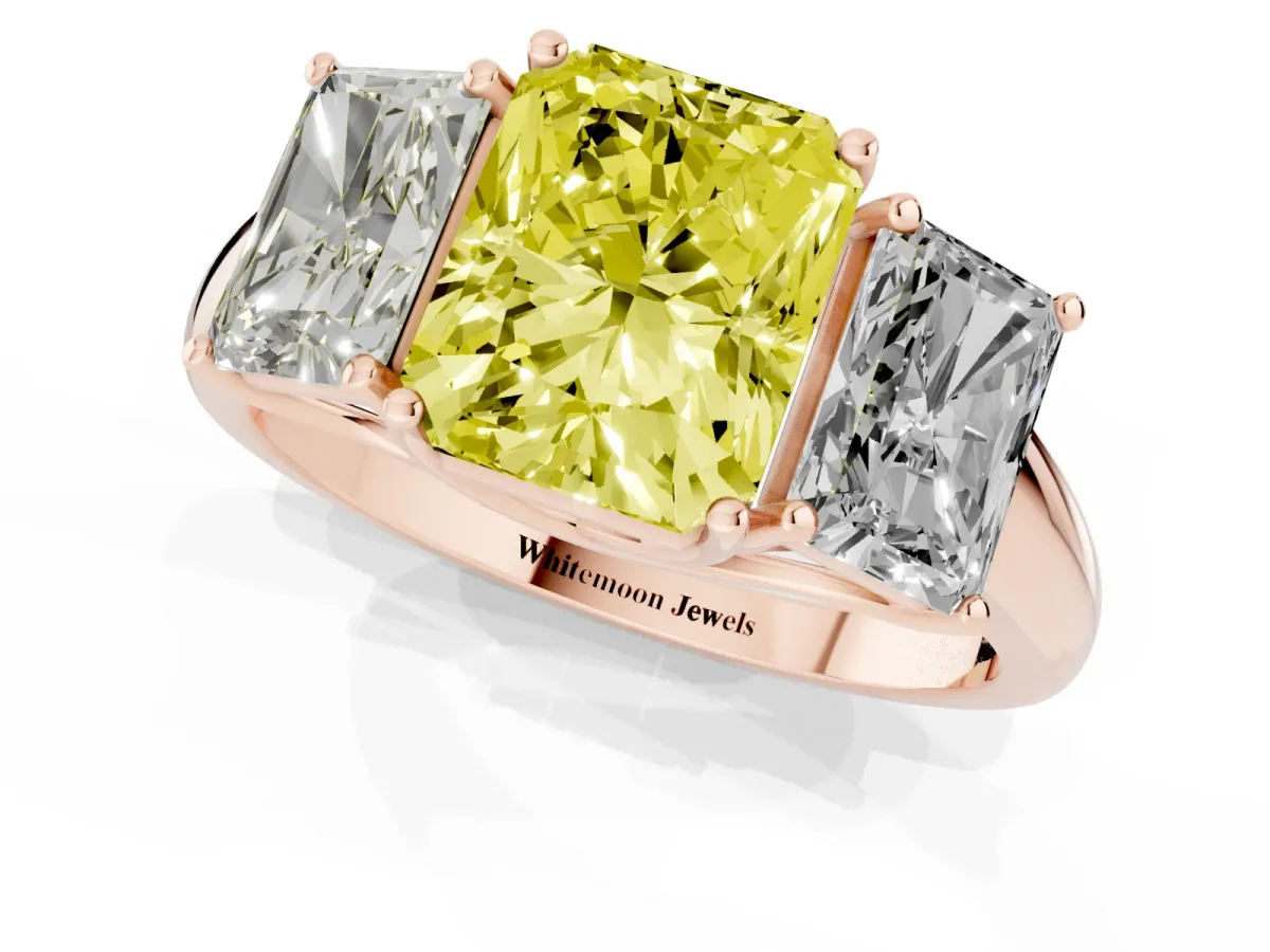 Fancy Yellow Three-Stone Radiant Cut Diamond Engagement Ring with Prong Setting Rose gold