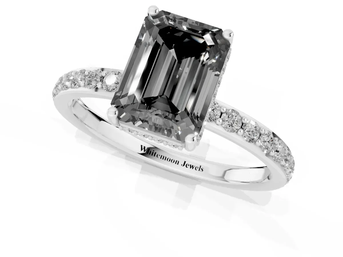 Fancy Black Emerald Cut Diamond Solitaire Ring with Pavé Band and Hidden Halo Silver