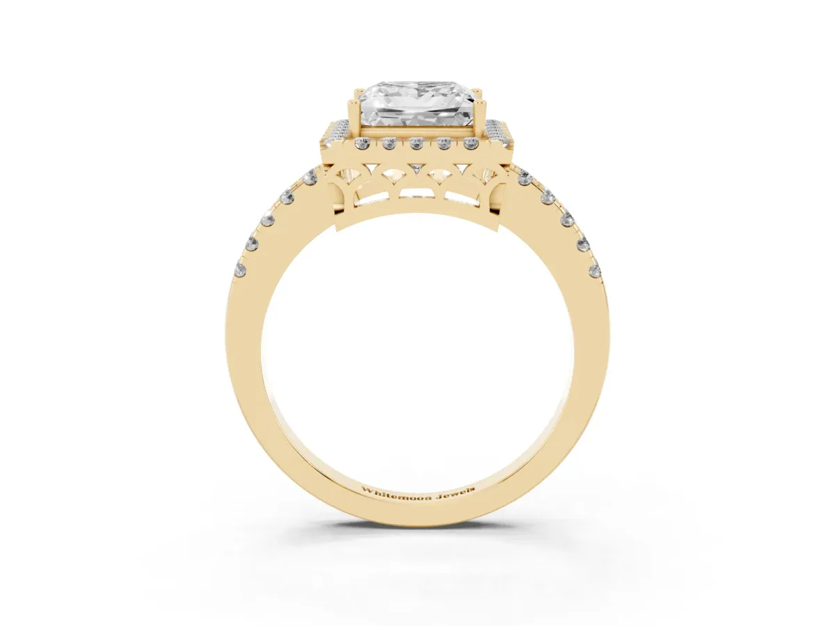 Princess Cut Halo Diamond Engagement Ring with Pavé Band and Four-Prong Setting Yellow gold